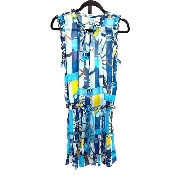 NWT‎ TAJ by Sabrina Crippa Mini Dress Women's Blue Print Size L - Picture 2 of 13